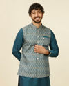 Teal Blue Medallion Patterned Nehru Jacket